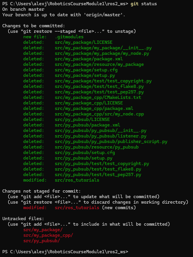 Git status in the master branch of the remote repository of the workspace.